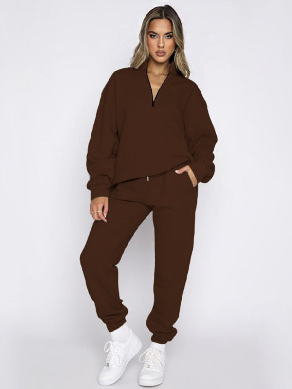 Jogging Outfit- Sporty Lounge Wear Cozy Sweatpants and Zip-Up Sweatshirt Pair- Coffee- Pekosa Women Clothing