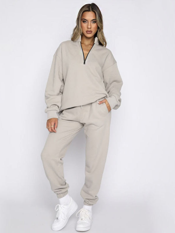 Jogging Outfit- Sporty Lounge Wear Cozy Sweatpants and Zip-Up Sweatshirt Pair- Misty grey- Pekosa Women Clothing