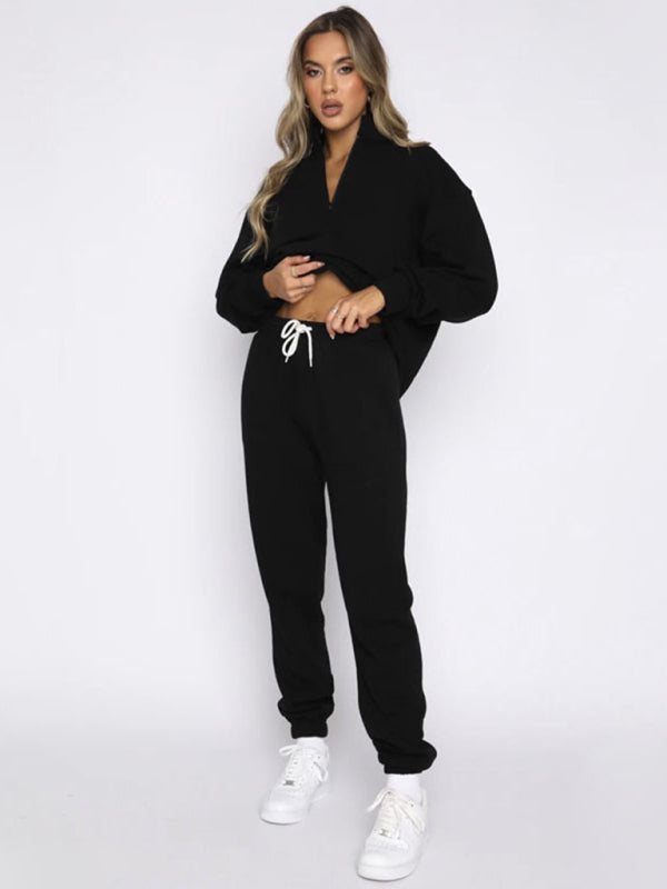 Jogging Outfit- Sporty Lounge Wear Cozy Sweatpants and Zip-Up Sweatshirt Pair- Black- Pekosa Women Clothing