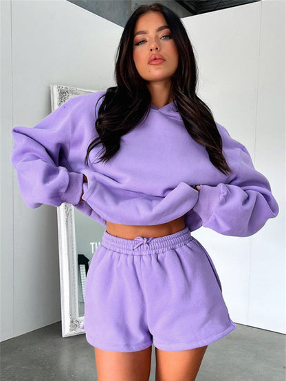 Jogging Outfit- Tracksuit Hoodie and Sweatshorts Set for Your Run- Purple- Pekosa Women Clothing