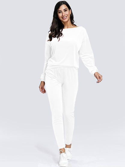 Jogging Set- Velour Jogging Couture Lounge Set with Sweatpants and Sweatshirt- White- Pekosa Women Clothing