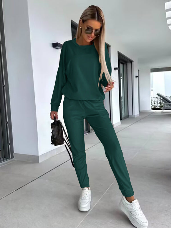 Jogging Set- Velour Jogging Couture Lounge Set with Sweatpants and Sweatshirt- Green- Pekosa Women Clothing