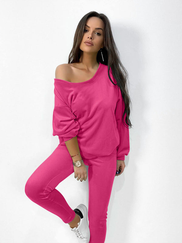 Jogging Set- Velour Jogging Couture Lounge Set with Sweatpants and Sweatshirt- Rose- Pekosa Women Clothing