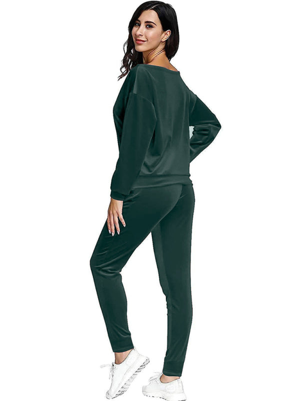 Jogging Set- Velour Jogging Couture Lounge Set with Sweatpants and Sweatshirt- - Pekosa Women Clothing