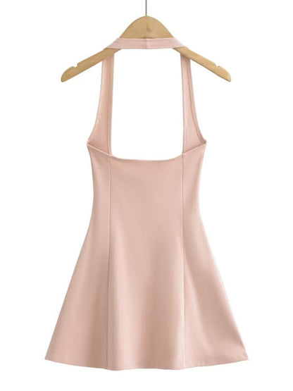 Jumper Dresses- Solid A-Line Button-Up Halter Jumper Dress in Cotton Blend- Pink- Pekosa Women Fashion