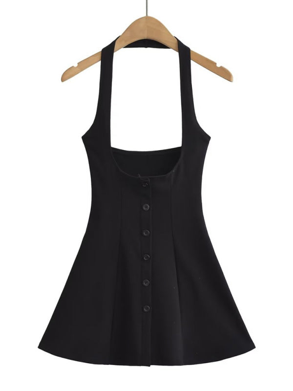 Jumper Dresses- Solid A-Line Button-Up Halter Jumper Dress in Cotton Blend- Black- Pekosa Women Fashion