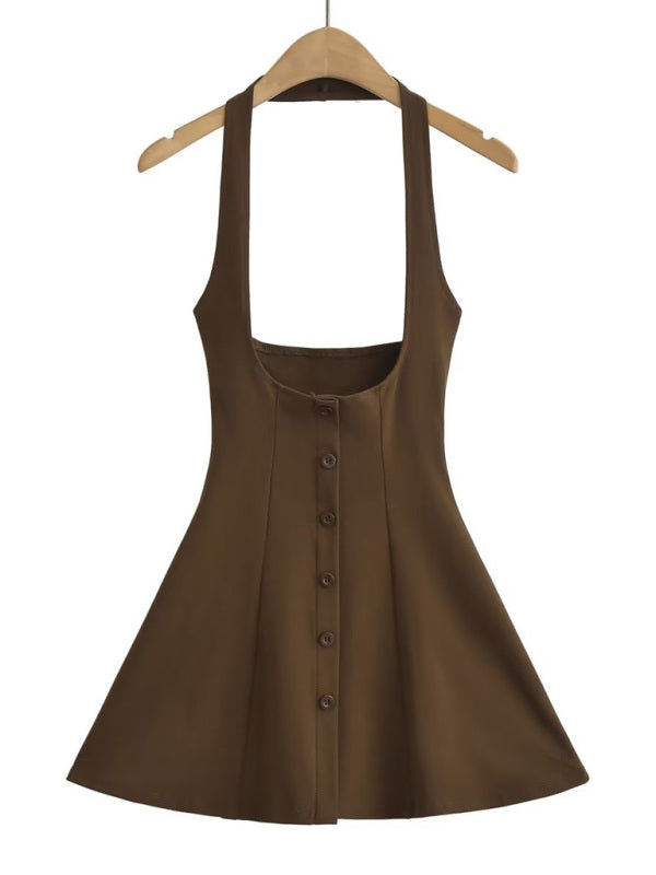 Jumper Dresses- Solid A-Line Button-Up Halter Jumper Dress in Cotton Blend- Dark Brown- Pekosa Women Fashion