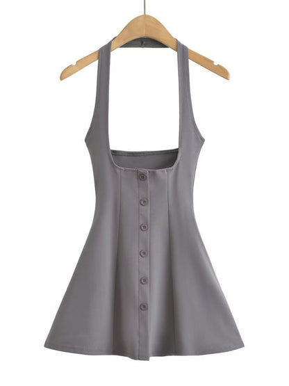 Jumper Dresses- Solid A-Line Button-Up Halter Jumper Dress in Cotton Blend- Grey- Pekosa Women Fashion