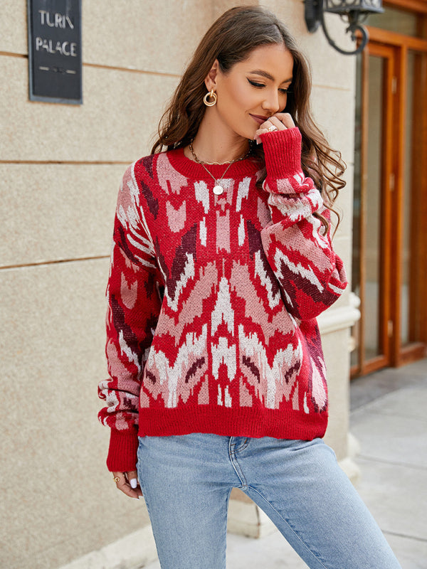 Jumpers- Jacquard Knit Red Print Sweater Jumper for Cold Days- - Pekosa Women Clothing