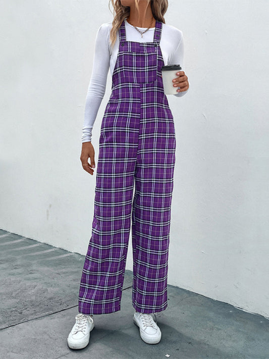 Jumpers- Plaid Bib Pantsuit Overalls Jumpers- Purple- Pekosa Women Clothing