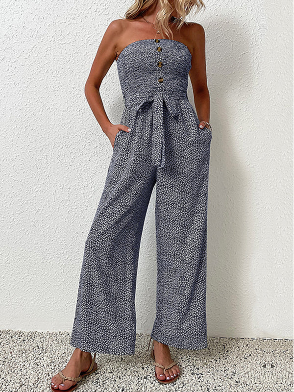 Jumpsuit- Animal Print Tube Jumpsuit - Belted Pantsuits- Navy Blue- Pekosa Women Clothing