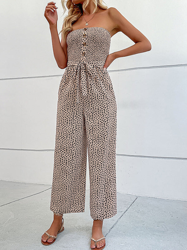 Jumpsuit- Animal Print Tube Jumpsuit - Belted Pantsuits- Cracker khaki- Pekosa Women Clothing