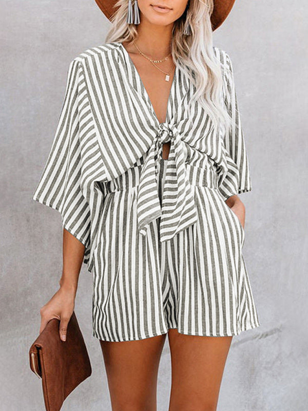 Jumpsuit- Be Bold, Be Confident: Make a Statement in Our Striped Romper Playsuit- Black- Pekosa Women Clothing