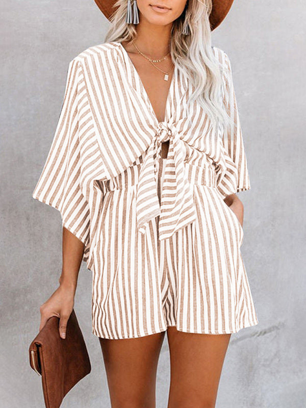 Jumpsuit- Be Bold, Be Confident: Make a Statement in Our Striped Romper Playsuit- Khaki- Pekosa Women Clothing