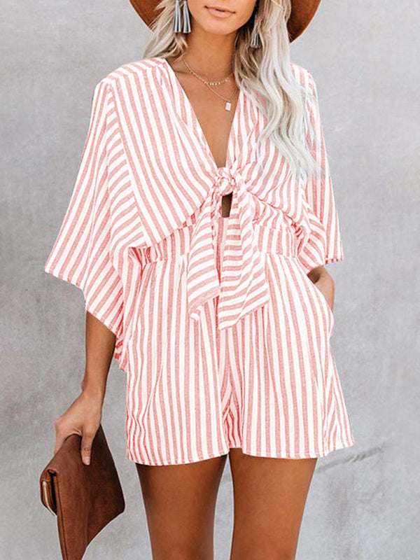 Jumpsuit- Be Bold, Be Confident: Make a Statement in Our Striped Romper Playsuit- Pink- Pekosa Women Clothing