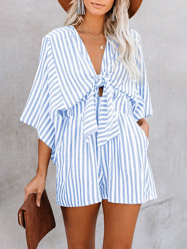 Jumpsuit- Be Bold, Be Confident: Make a Statement in Our Striped Romper Playsuit- Clear blue- Pekosa Women Clothing