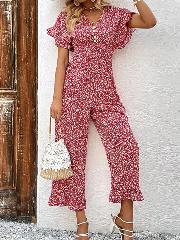 Jumpsuit- Boho Floral Batwing Sleeves Backless Jumpsuit Pantsuits- Red- Pekosa Women Clothing