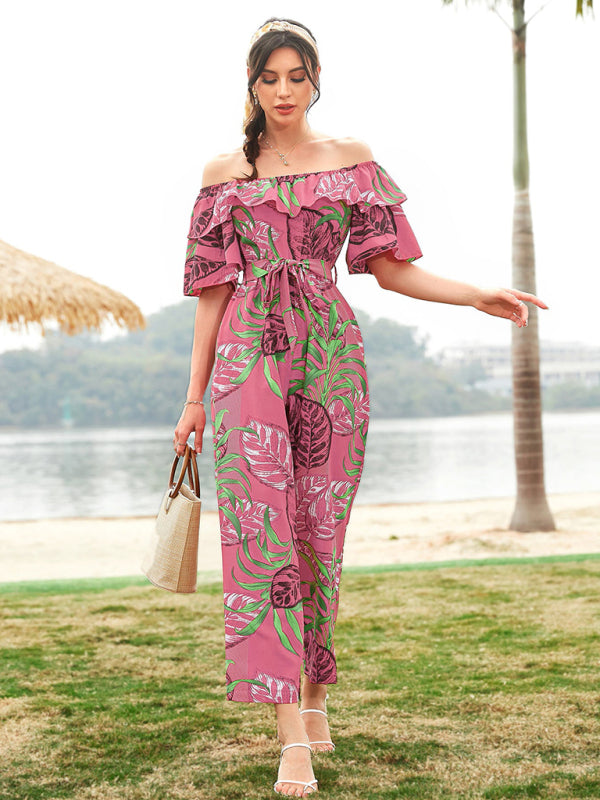 Jumpsuit- Boho Floral Off Shoulder Jumpsuit- - Pekosa Women Clothing