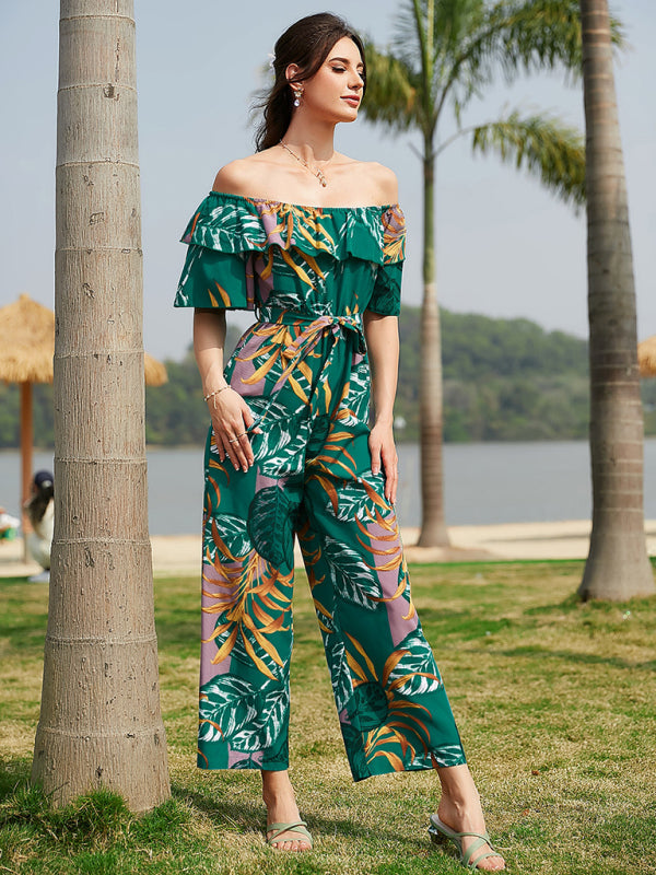 Jumpsuit- Boho Floral Off Shoulder Jumpsuit- - Pekosa Women Clothing