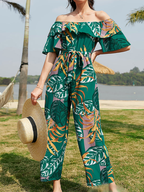 Jumpsuit- Boho Floral Off Shoulder Jumpsuit- - Pekosa Women Clothing