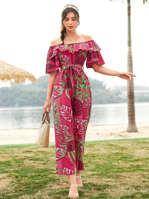 Jumpsuit- Boho Floral Off Shoulder Jumpsuit- - Pekosa Women Clothing