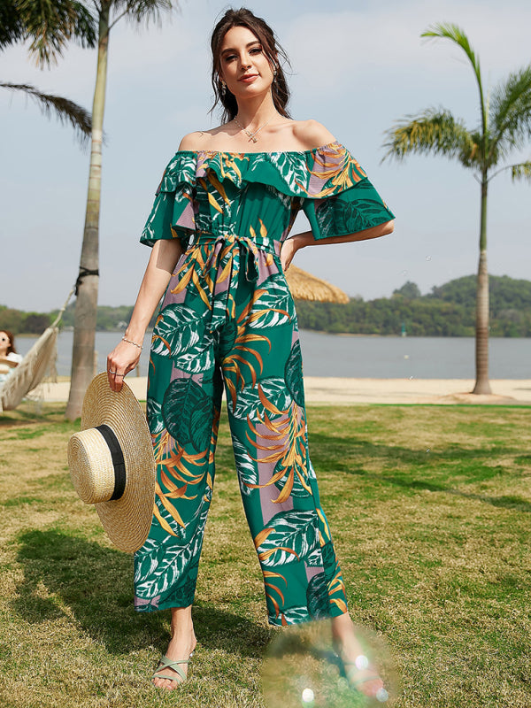 Jumpsuit- Boho Floral Off Shoulder Jumpsuit- Green- Pekosa Women Clothing