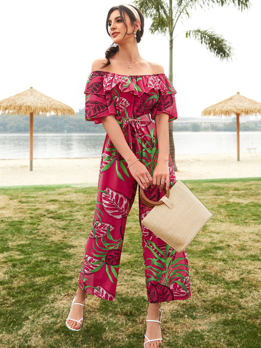 Jumpsuit- Boho Floral Off Shoulder Jumpsuit- Red- Pekosa Women Clothing