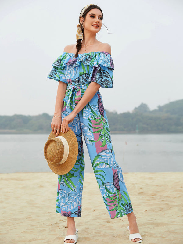 Jumpsuit- Boho Floral Off Shoulder Jumpsuit- Blue- Pekosa Women Clothing