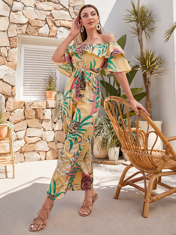 Jumpsuit- Boho Floral Off Shoulder Jumpsuit- Khaki- Pekosa Women Clothing