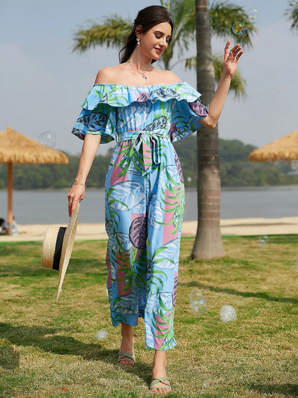 Jumpsuit- Boho Floral Off Shoulder Jumpsuit- - Pekosa Women Clothing