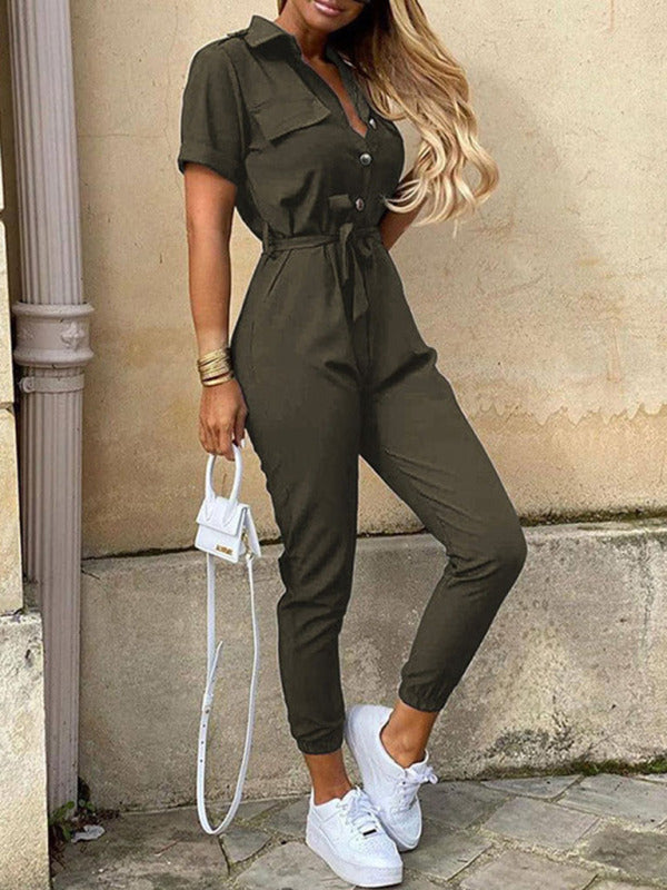 Jumpsuit- Casual Jumpsuit for Women | Shirt Pantsuit with Short Sleeves- Olive green- Pekosa Women Clothing