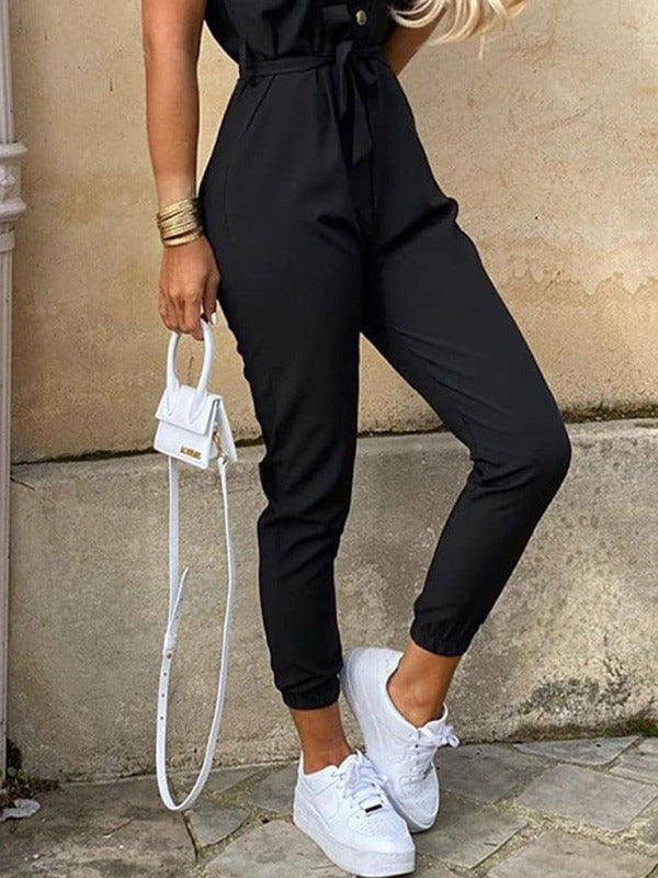 Jumpsuit- Casual Jumpsuit for Women | Shirt Pantsuit with Short Sleeves- - Pekosa Women Clothing