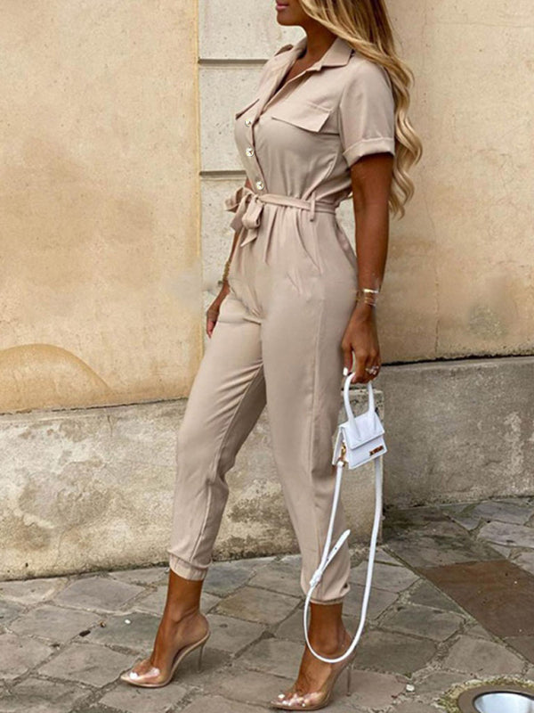 Jumpsuit- Casual Jumpsuit for Women | Shirt Pantsuit with Short Sleeves- - Pekosa Women Clothing