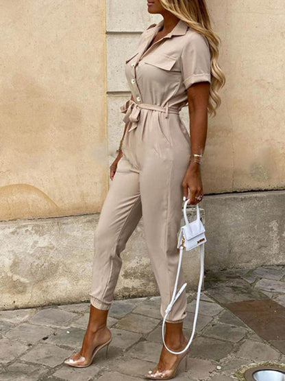 Jumpsuit- Casual Jumpsuit for Women | Shirt Pantsuit with Short Sleeves- - Pekosa Women Clothing