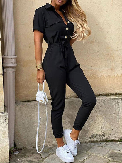 Jumpsuit- Casual Jumpsuit for Women | Shirt Pantsuit with Short Sleeves- - Pekosa Women Clothing