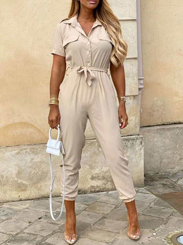 Jumpsuit- Casual Jumpsuit for Women | Shirt Pantsuit with Short Sleeves- Khaki- Pekosa Women Clothing