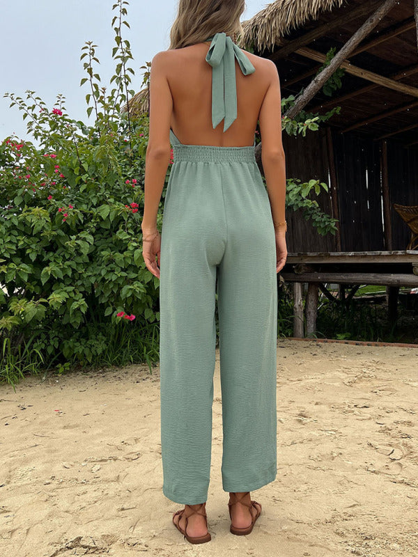 Jumpsuit- Chic and Comfortable Solid Color Jumpsuit with Halter Neckline- - Pekosa Women Clothing