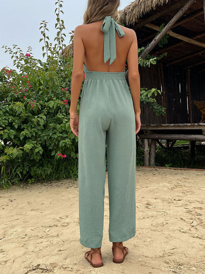 Jumpsuit- Chic and Comfortable Solid Color Jumpsuit with Halter Neckline- - Pekosa Women Clothing