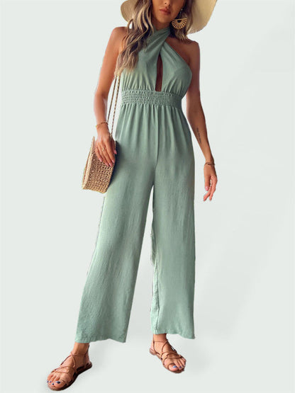 Jumpsuit- Chic and Comfortable Solid Color Jumpsuit with Halter Neckline- Green- Pekosa Women Clothing