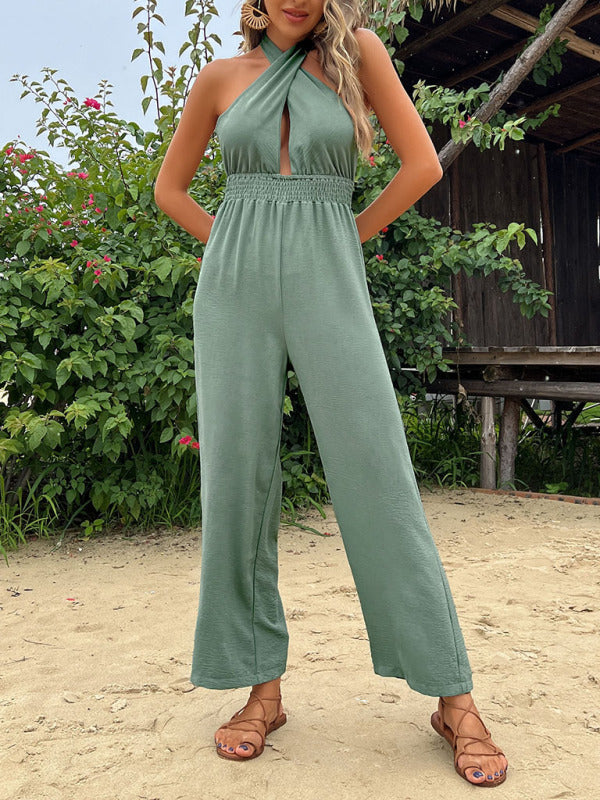 Jumpsuit- Chic and Comfortable Solid Color Jumpsuit with Halter Neckline- - Pekosa Women Clothing