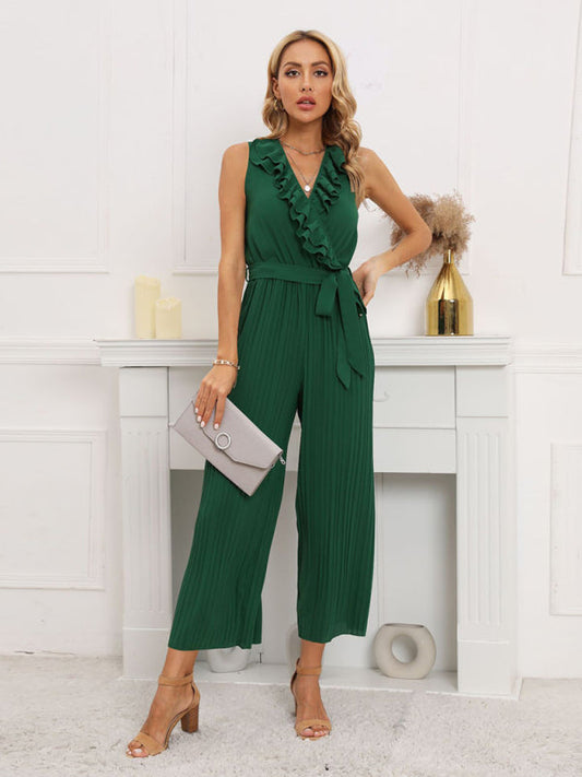 Jumpsuit- Dare to Be Bold with Our Ruffled V-Neck Jumpsuit- Green- Pekosa Women Clothing