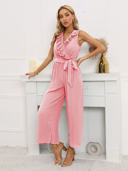 Jumpsuit- Dare to Be Bold with Our Ruffled V-Neck Jumpsuit- - Pekosa Women Clothing