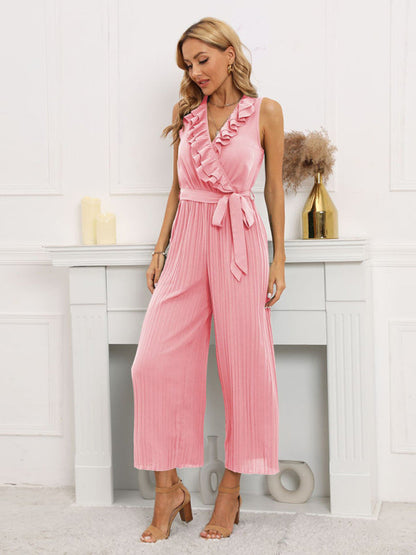 Jumpsuit- Dare to Be Bold with Our Ruffled V-Neck Jumpsuit- Pink- Pekosa Women Clothing