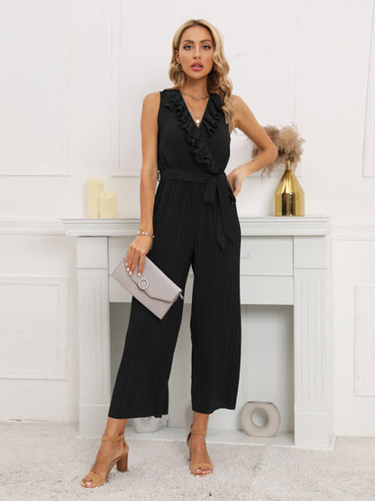 Jumpsuit- Dare to Be Bold with Our Ruffled V-Neck Jumpsuit- - Pekosa Women Clothing