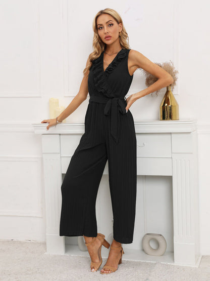 Jumpsuit- Dare to Be Bold with Our Ruffled V-Neck Jumpsuit- Black- Pekosa Women Clothing