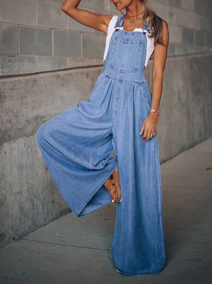 Jumpsuit- Denim Jean Jumpsuit Overalls - Pantsuits- Purplish blue navy- Pekosa Women Clothing