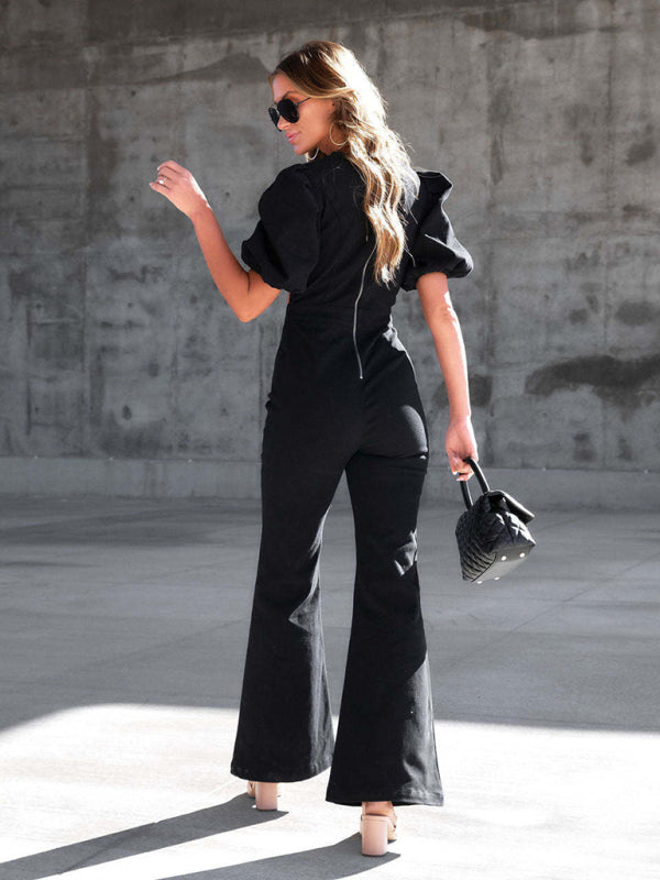 Jumpsuit- Denim Slim Puff Sleeve Twist Waist Jumpsuit - Pantsuits- - Pekosa Women Clothing