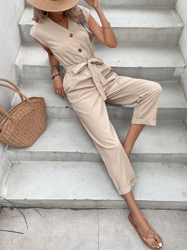 Jumpsuit- Lounge in Style: Belted Buttoned Women's Jumpsuit- - Pekosa Women Clothing