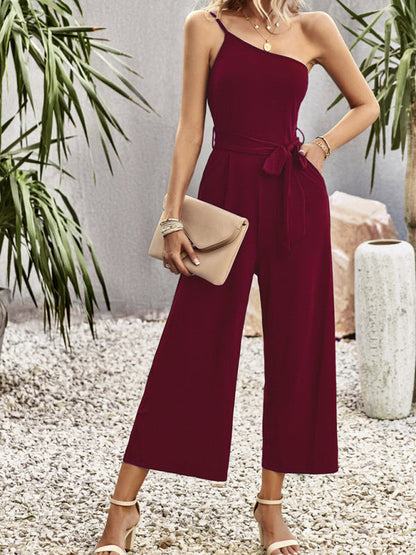 Jumpsuit- One-Shoulder Women's Jumpsuit with pockets- Wine Red- Pekosa Women Clothing