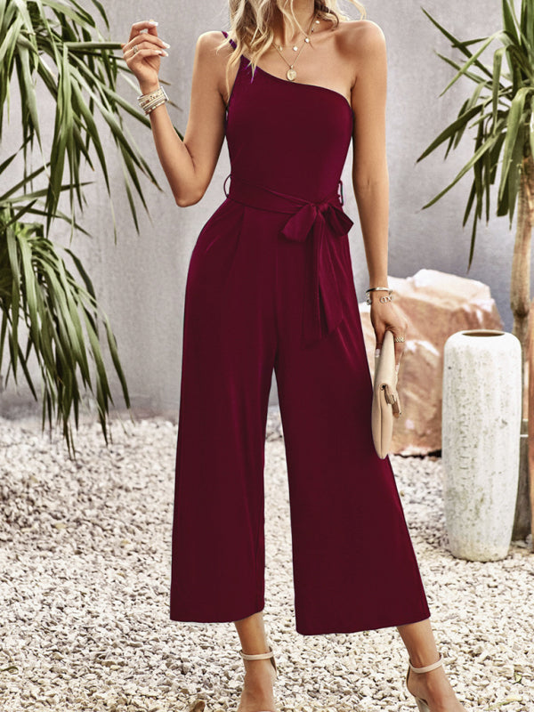 Jumpsuit- One-Shoulder Women's Jumpsuit with pockets- - Pekosa Women Clothing